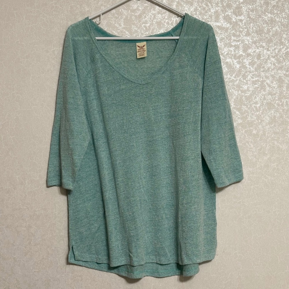 Faded Glory Teal Blue V-neck 3/4 Sleeve Knit Pullover Top Casual Sz L 12 14